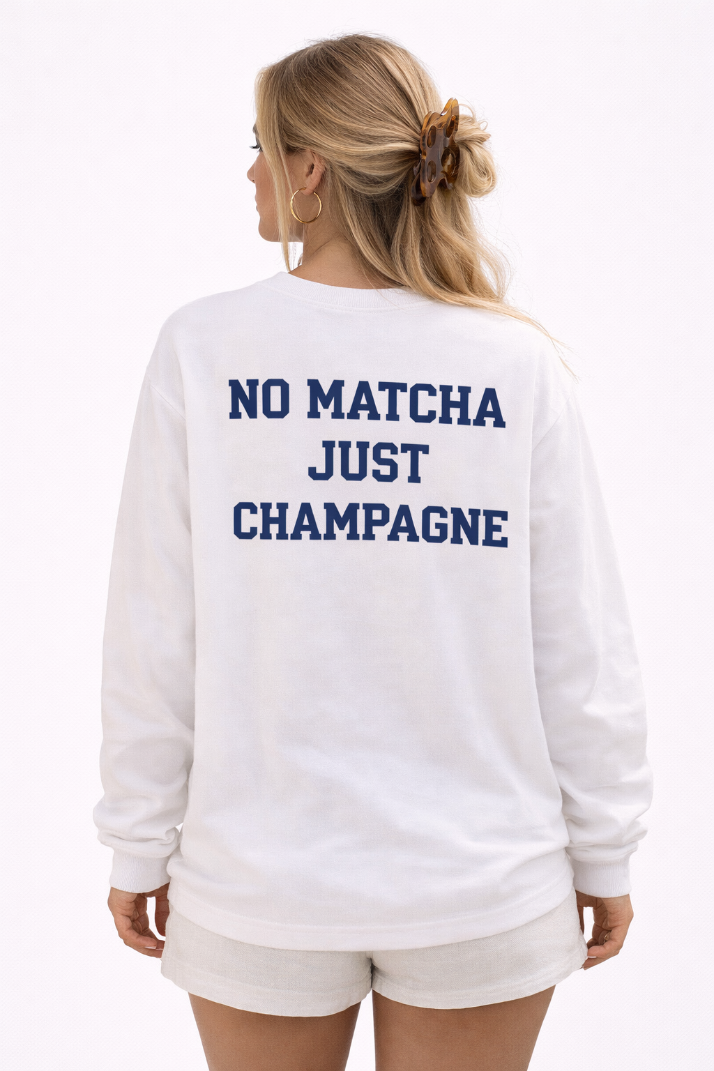 Witte Longsleeve met “No Matcha Just Champagne” Print