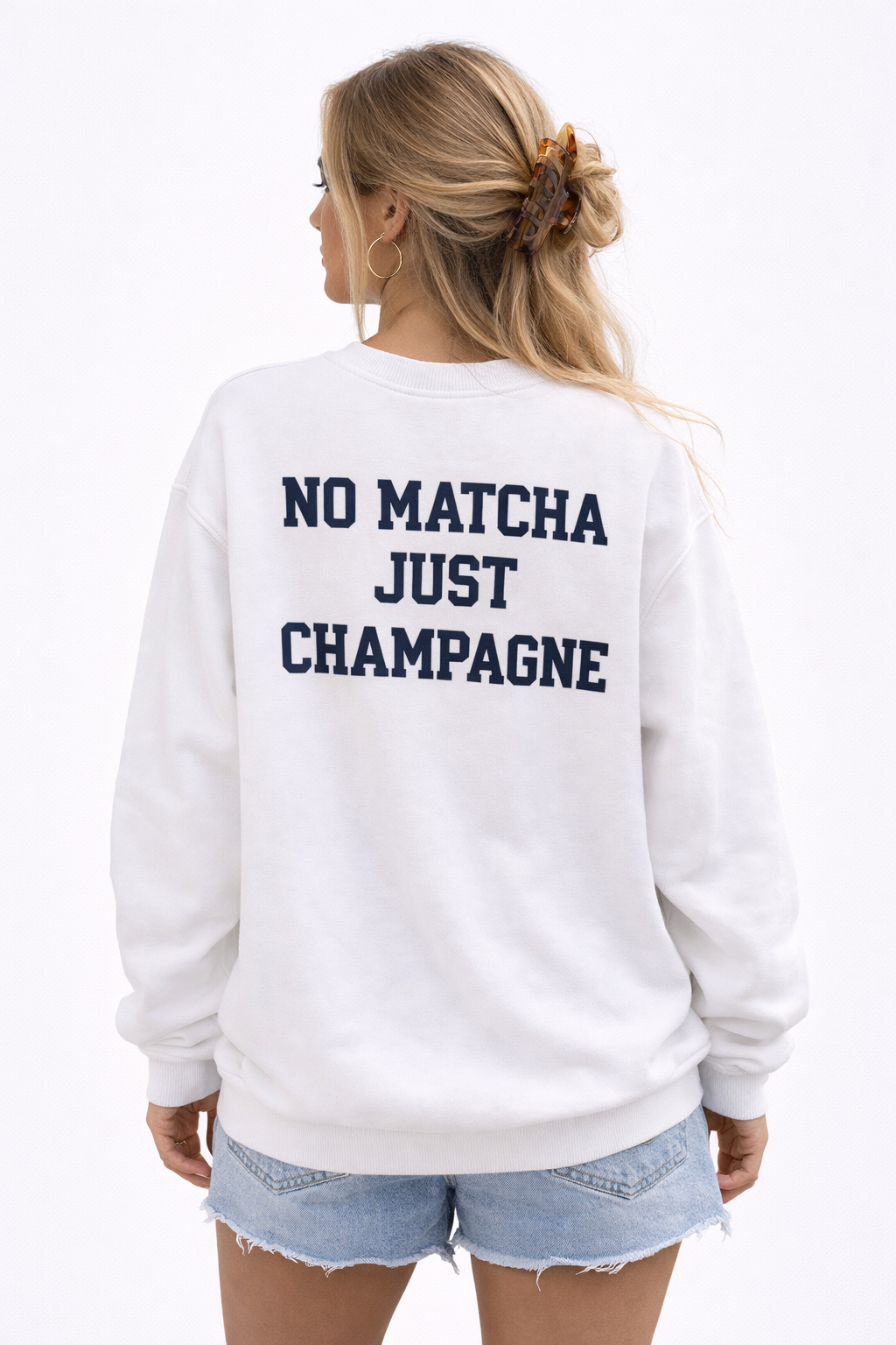 Witte trui met “No Matcha Just Champagne” Print