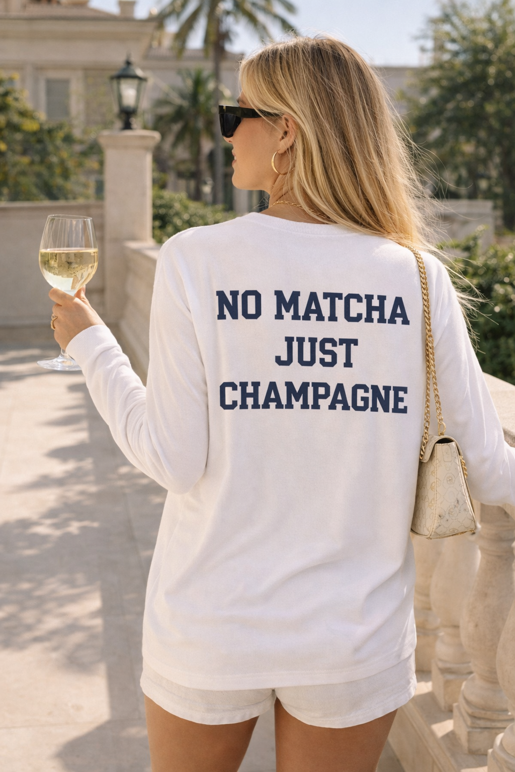 Witte Longsleeve met “No Matcha Just Champagne” Print