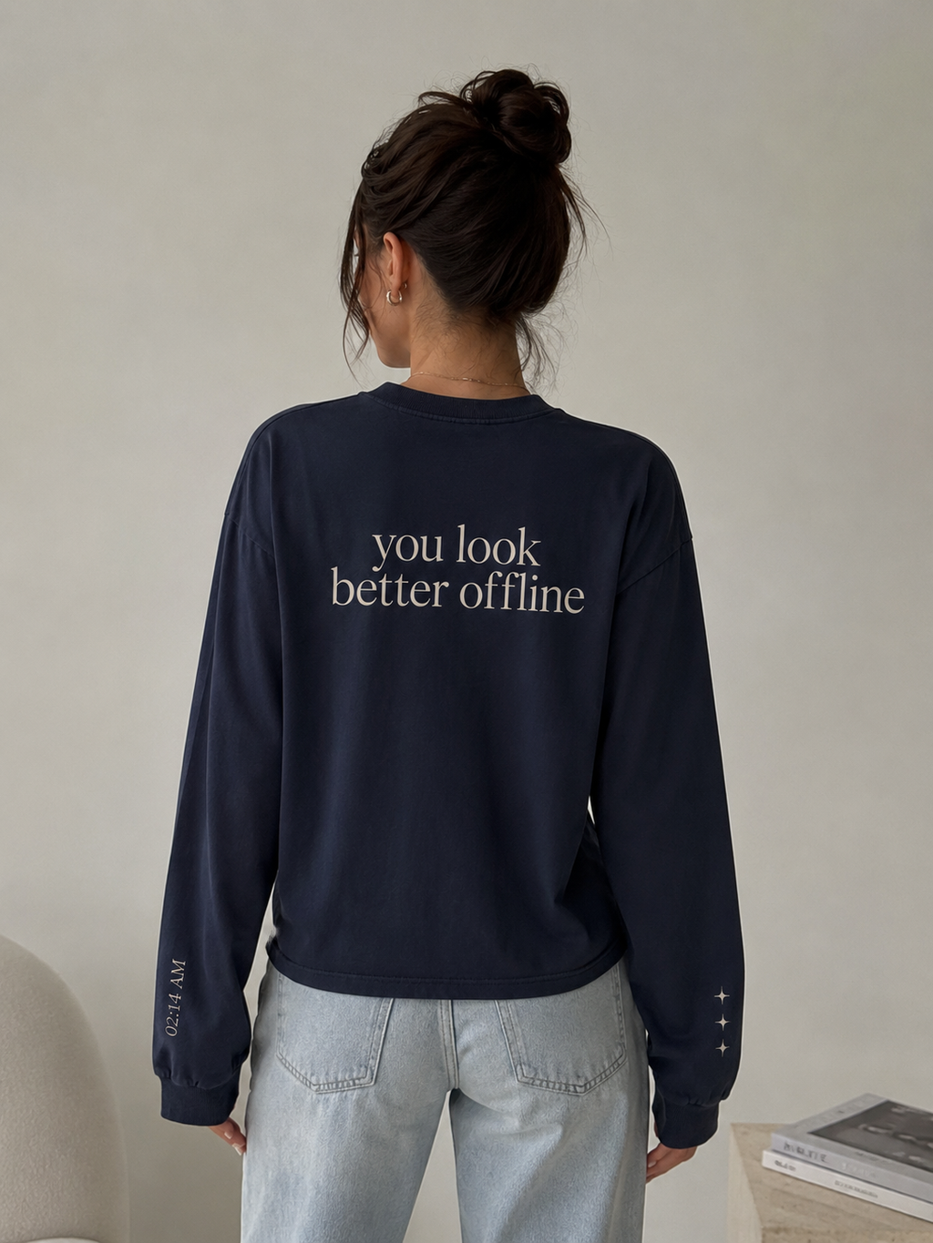 Dames Oversized Longsleeve — “Better Offline” Navy