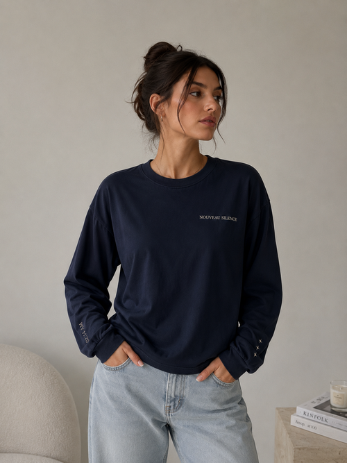 Dames Oversized Longsleeve — “Better Offline” Navy